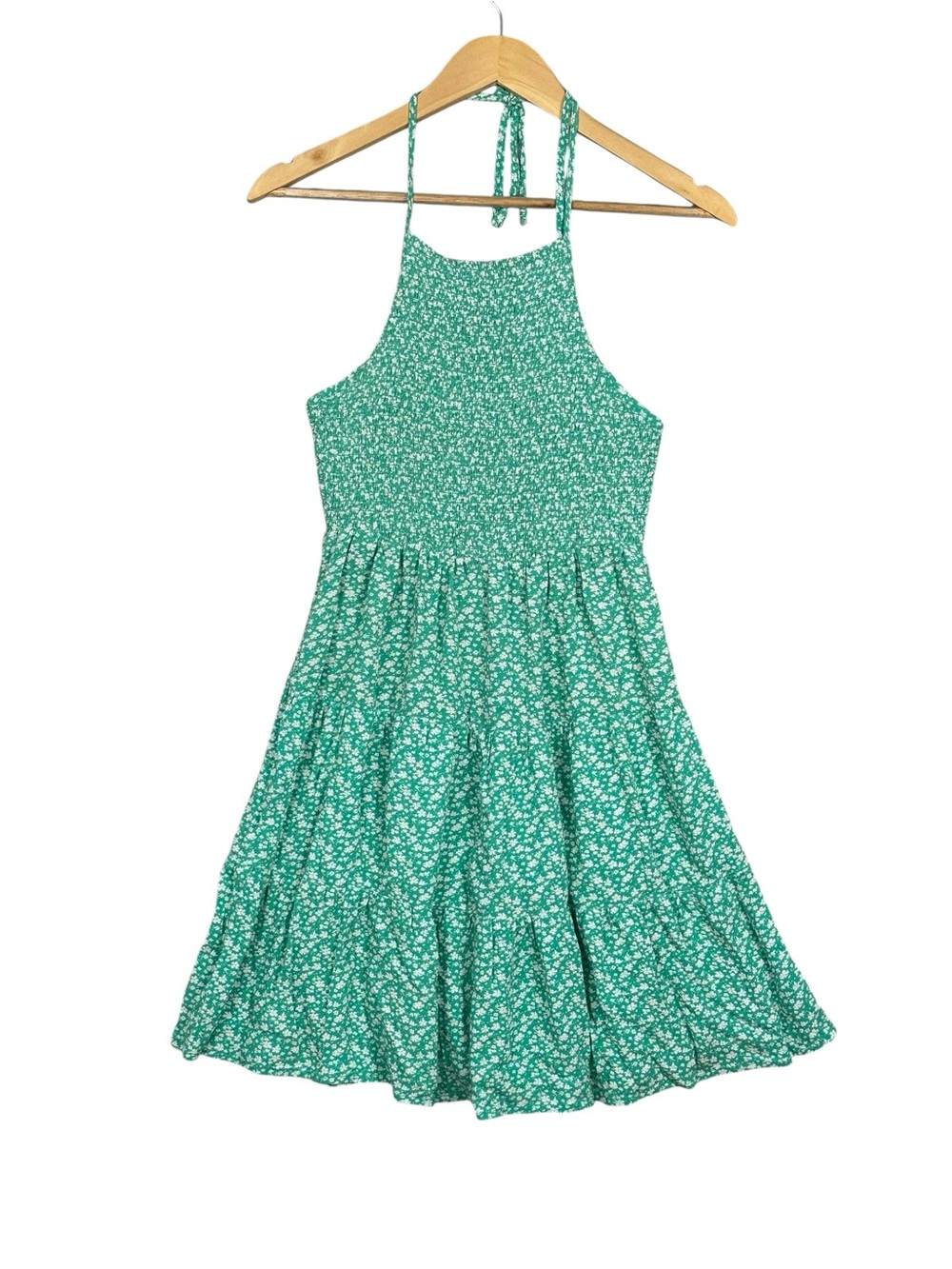 American Eagle Womens Green White Floral Smocked High Neck Tie Dress Size S